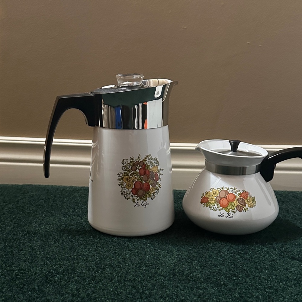 Vintage Corningware Spice of Life Percolator and Tea Kettle